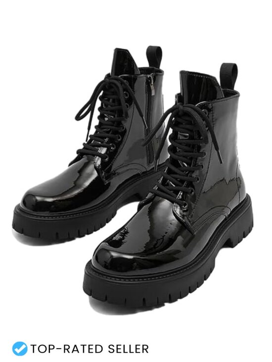 Men\'s Patent Leather Platform Combat Boots Wide Toe Lace Up Side Zipper main image 6